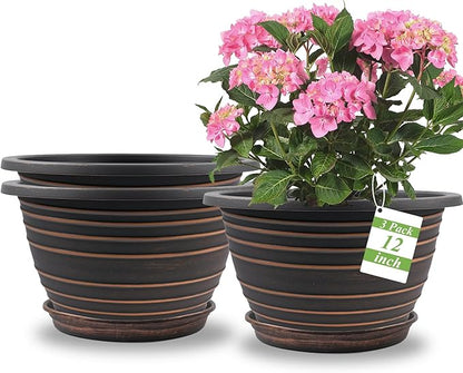 12 Inch Plastic-Flower Pot-for-Indoor Plants, 3 Pack Large planters