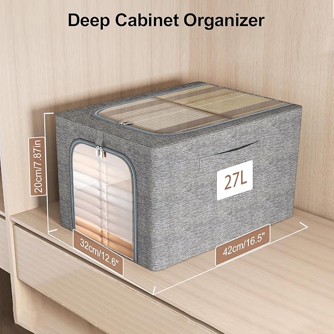 GoMaihe Clothes Storage Bins Metal Frame: 3-Pack Compact Stackable Closet Storage Bin with Lid & Clear Window, Space Saving Organizer for Sweaters Kids Clothes (Dorm/Closet 27L)