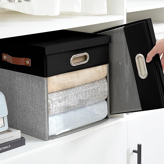 Fabric Storage Cubes with Clear Windows and Lids, 13'' Foldable Storage Bins with 3 Handles, Decorative Storage Boxes for Home, Bedroom, Closet, Office (Black&Gray)