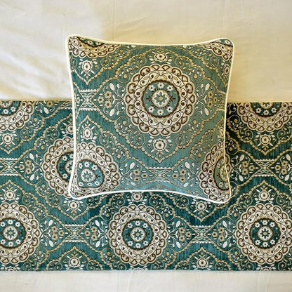 The HomeCentric King/Queen/Twin Teal Decorative Full 68"x18" Bed Runner with Pillow Cover, Art Deco, Floral, Tassels & Velvet Bed Scarf on Velvet Fabric - Ahmet