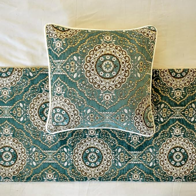 The HomeCentric King/Queen/Twin Teal Decorative King 90"x18" Bed Runner Without Pillow Cover, Art Deco, Floral, Tassels & Velvet Bed Scarf on Velvet Fabric - Ahmet