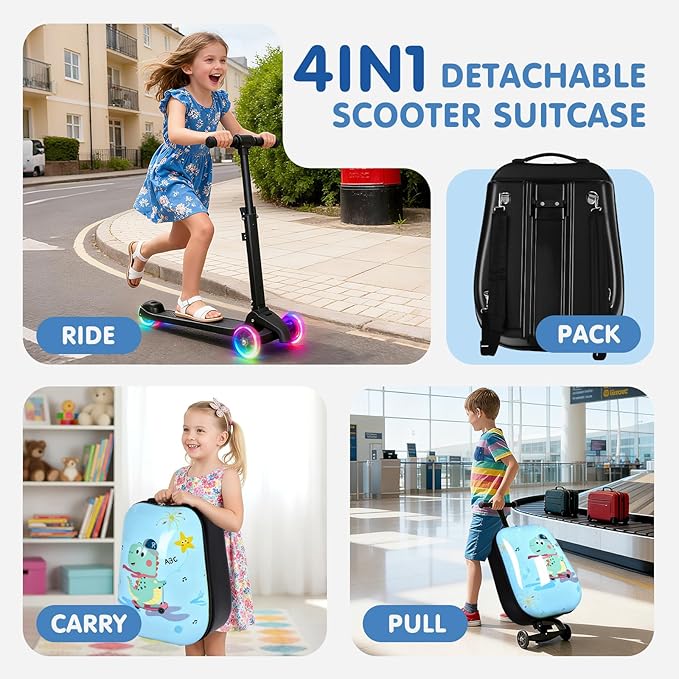 4-in-1 Detachable Scooter Luggage for Kids & Teens – Hardside Ride-On Suitcase with Led Light Up Wheels, Dinosaur Design, Lightweight Foldable, Perfect Travel Gift for Boys(Light Blue 22-inch)