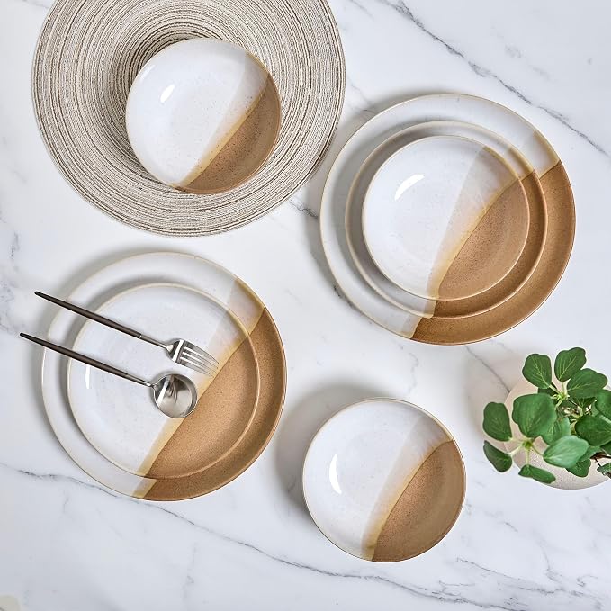 Sango 12 Pieces Stoneware Dinnerware Set, Glossy Caramel & Cream Dishes