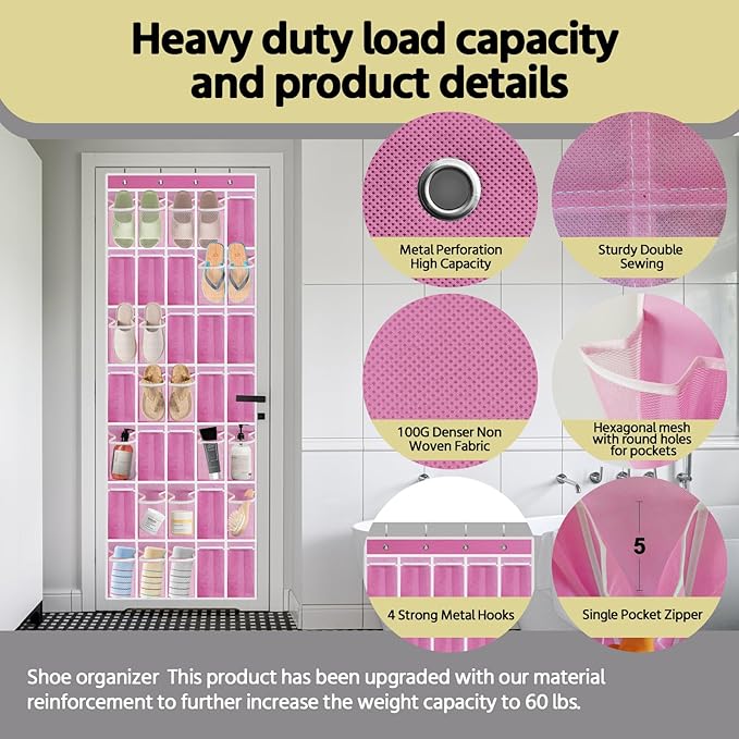 35 Pocket Over the Door Shoe Organizer,Reusable Breathable Large Mesh Bag Men's & Women's Sneaker Organizer,Shoe Organizer for Kids,Hanging Shoe Storage Hanging Bag (Pink)
