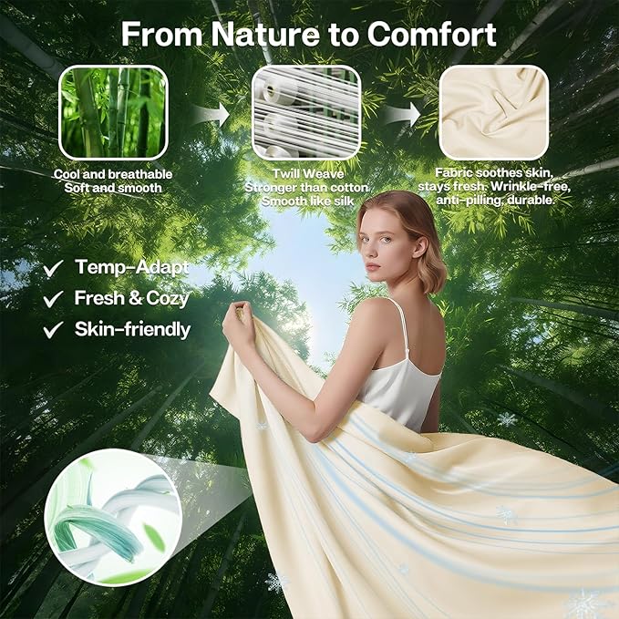 MR&HM Twin Fitted Sheet Only, Ultra-Soft Rayon Derived from Bamboo & Polyester Blend, Silky & Breathable, 15" Deep Pocket with Elastic Straps, Cooling Fitted Sheet for Hot Sleepers, Cream