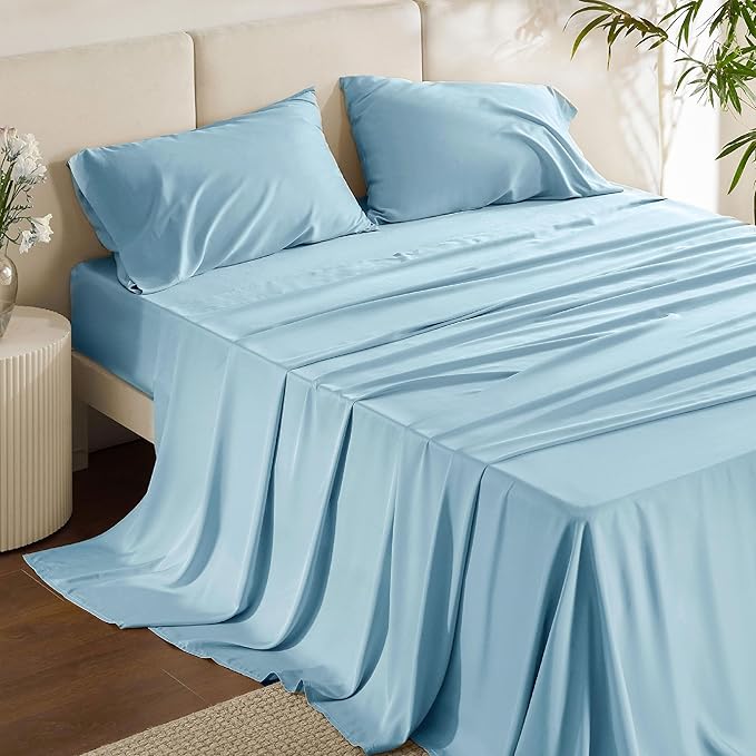 Bedsure Full Size Bed Sheets, Cooling Sheets, Rayon Derived from Bamboo, Breathable & Soft, Deep Pocket Up to 16 Inches, Hotel Luxury Silky Bedding for Hot Sleepers, Aqua