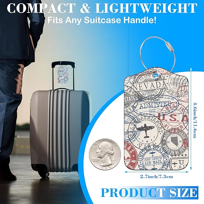 Travel Stamp Luggage Tags for Suitcases Leather Travel Tags for Luggage ID Label with Privacy Cover and Stainless Steel Loop for Men Women Suitcase Backpack, Set of 2