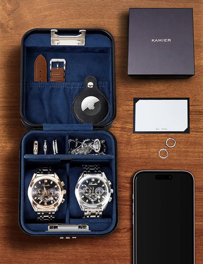 KAMIER Watch Travel Case with Combination Lock - 2 Watch Storage and Jewelry Organizer - Watch Case for Ring and Watch Storage, PU Leather Travel Watch Case, Ideal for Gift (With Gift Box) (Black)
