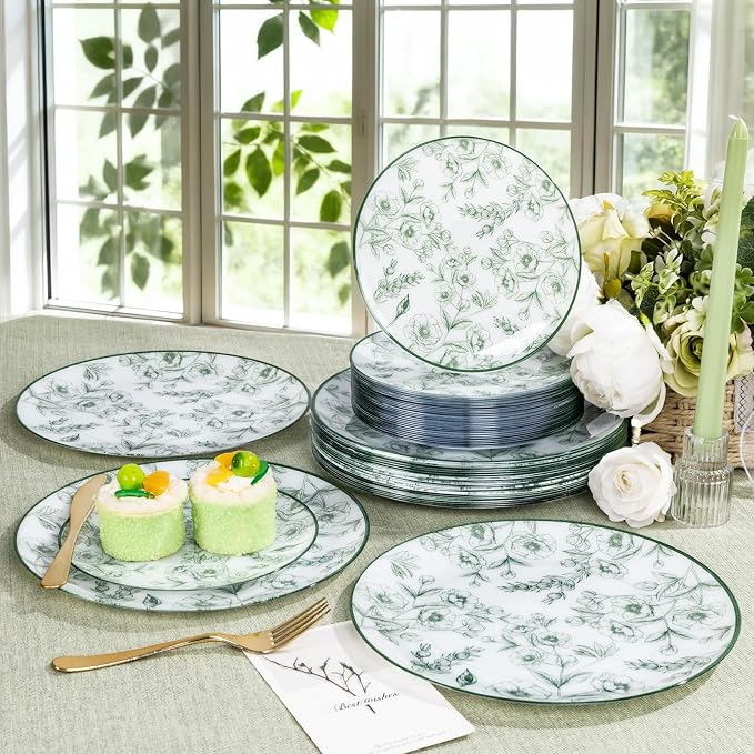60PCS Green Floral Plastic Plates