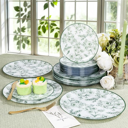 60PCS Green Floral Plastic Plates