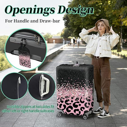 Luggage Cover + Tag, Pink Leopards Travel Suitcase Cover for 18-20 inch Luggage (S) with Concealed Zipper, Washable Elastic Cloth, Dustproof, Anti-Scratch