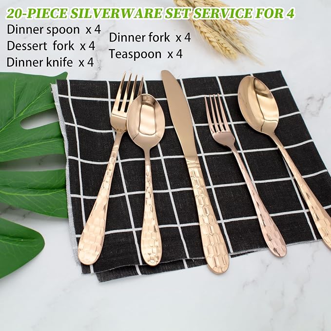 Hammered Silverware Set 20-Piece, 18/10 Stainless Steel Flatware Cutlery