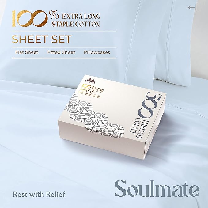 Mayfair Linen 100% Cotton Bed Sheets Twin Sheet Set - 500 Thread Count Sheets Twin Size 3 PC Set (Light Blue), Soft, Cooling, Hotel-Quality 16" Deep Pocket Sateen Weave Cotton Bedsheet for Dorm Room