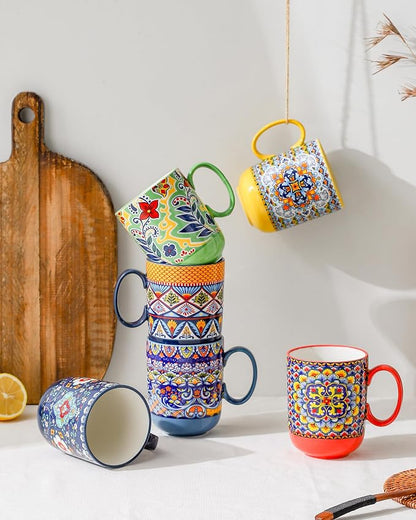 HENXFEN LEAD Boho Ceramic Coffee Mugs Set of 6, 14 oz | Assorted Patterns