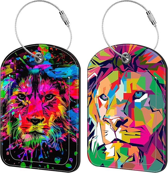 Colored Lion Head Luggage Tag for Suitcase Set of 2 PU Leather Cute Luggage Tags with Stainless Metal Loop ID Label Privacy Flap Suitcase Tags for Women and Men Travel