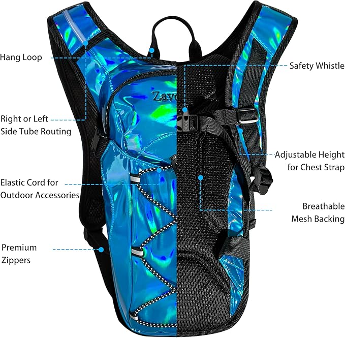 Reflective Hydration Backpack, Hydration Pack - Water Backpack with 2L/3L Hydration Bladder, Essential for Festivals - Rave Hydration Pack for Hiking, Running, Cycling, and Festivals