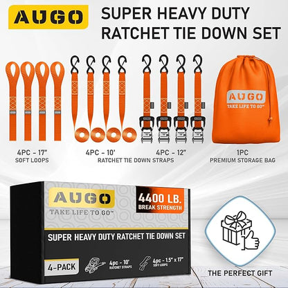 AUGO Heavy Duty Ratchet Straps & Soft Loops – Pack of 4 Extra Strong 1.5” by 10’ Ratchet Straps w/S-Hook Safety Latches & 4 Soft Loop Tie Downs – 4400Lb Break Strength for Motorcycles, ATVs, Etc.