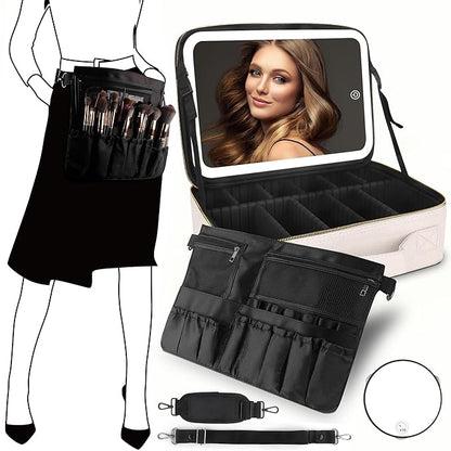 MOMIRA Travel Makeup Bag Cosmetic Bag Makeup Organizer Bag with Lighted Mirror, Adjustable Brightness in 3 Color Scenarios, Waterproof Makeup Train Case, Gift for Women - Khaki (Large)