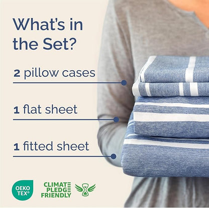 Queen Size 4 Piece Sheet Set - Comfy Breathable & Cooling Bed Sheets Set - Hotel Luxury Bedding for Women, Men, Kids, Teens, Boys & Girls - Deep Pockets, Soft, Wrinkle Free - Oeko-Tex - Blue Stripes 3