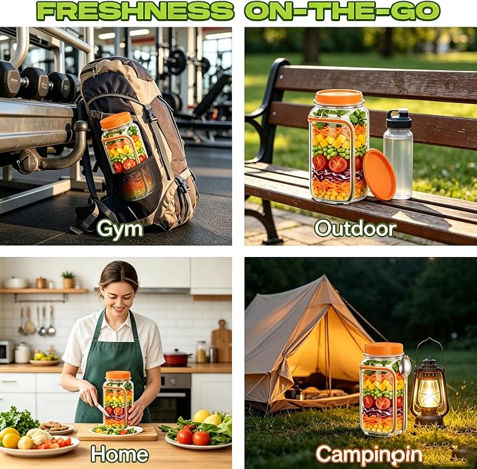 35oz Side Opening Mason Salad Jar | 1000ml Leakproof Portable Salad Container