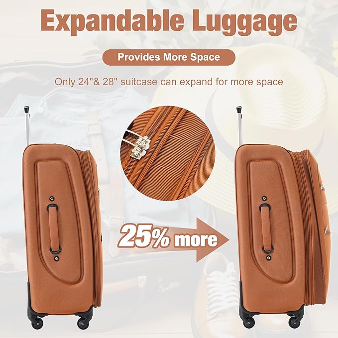 Merax Softside Luggage Set Softshell Lightweight 3 Piece Spinner Suitcase with Duffel Bag Expandable Upright Travel Luggage 22" 26" 30",Orange