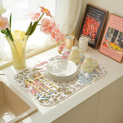 Spring Pink Floral Dish Drying Mat