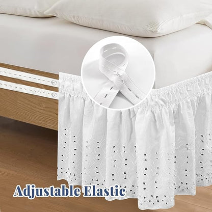 Full Bed Skirt, Wrap-Around Elastic Ruffled Eyelet Bed Skirt Full Size Dust Ruffle with Gathered Styling and Embroidered Details, 14" Drop Length (White)