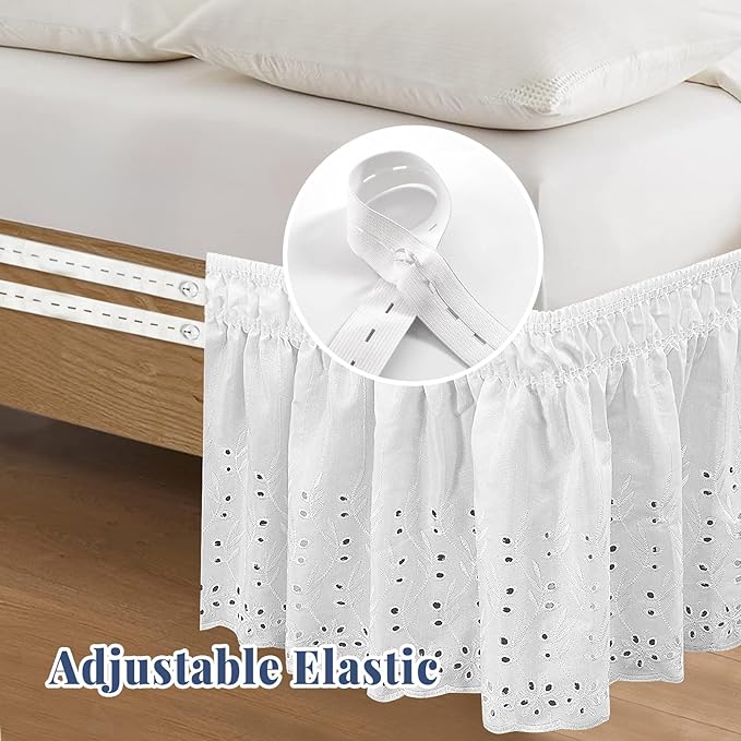 Queen Bed Skirt, Wrap-Around Elastic Ruffled Eyelet Bed Skirt Queen Size Dust Ruffle with Gathered Styling and Embroidered Details, 18" Drop Length (White)