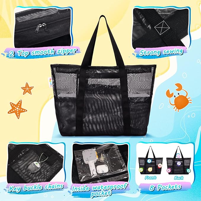 Tagitary Mesh Beach Bag with Zipper Large Beach Tote Waterproof Sandproof with 8 Pockets for Toys Pool Bag Beach Accessories