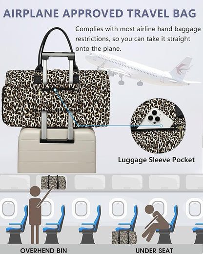 Women Duffle Weekender Travel Bag: Large Duffel Bags with Shoe Compartment Carry On Overnight Tote Bag with Wet Pocket Toiletry Bag Traveling Weekend Gym Yoga Hospital Bags for Womens Brown Leopard