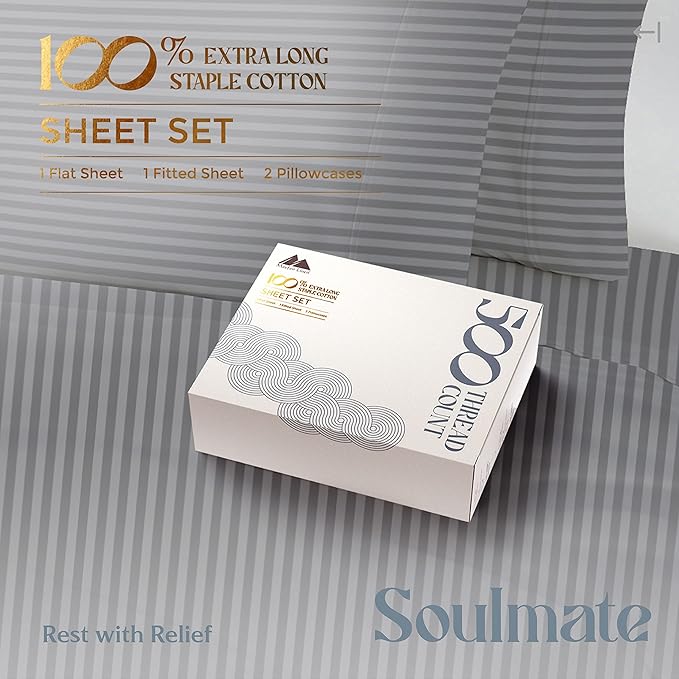Mayfair Linen 100% Cotton Striped Sheets King Size Bed Set - 500 Thread Count Damask Sheets King Size 4 PC Set (Dark Grey Stripe), Soft, Cooling, Sateen Weave Hotel-Quality 16" Deep Pocket Bedsheet