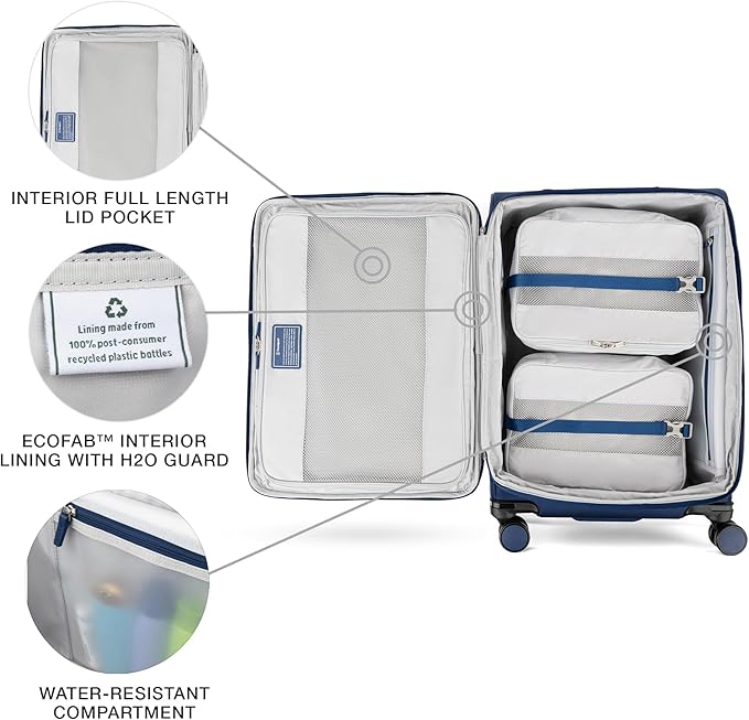 Travelpro VersaPack+ Lightweight Softside Expandable Checked Luggage, 8 Spinner Suitcase, TSA Lock, Men and Women, Checked Medium 25-Inch, Estate Blue