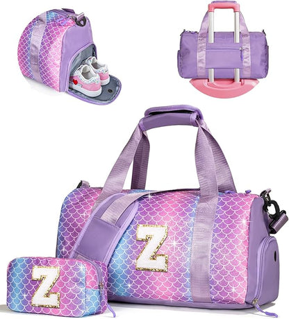 Birthday Gift for Granddaughter-Girl Gym Bag with Shoe Compartment, Kid Personalized Weekender Overnight Bags, Initial Travel Tote with Makeup Pouch, Christmas Gifts for Girls (Letter Z)
