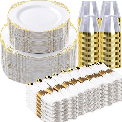Bestluck 700PCS Gold Disposable Dinnerware
