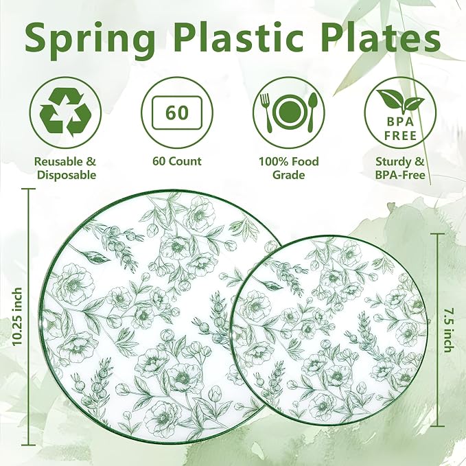 60PCS Green Floral Plastic Plates