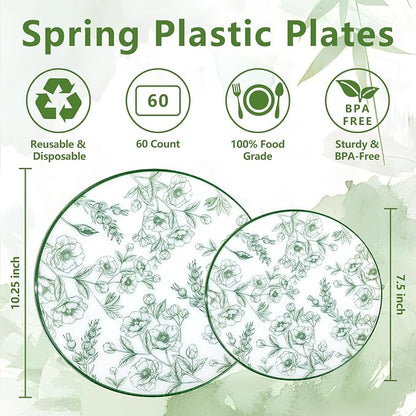 60PCS Green Floral Plastic Plates