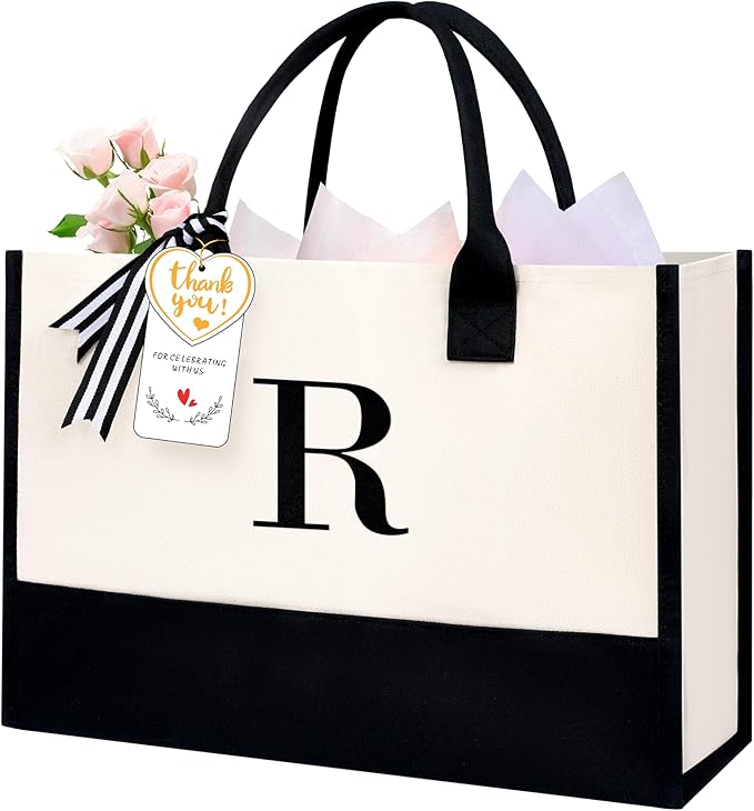 BAGAIL Initial Tote Bag, Personalized Birthday Gifts for Women, Teacher, Friends, Mom, Wedding, Monogrammed Beach Bag