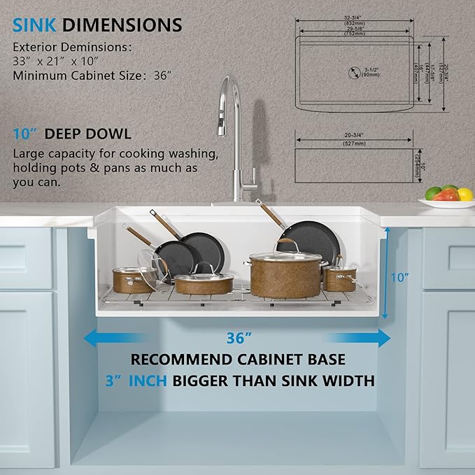33 White Farm Sink Workstation - Fulorni 33"x21" Apron Front Farmhouse Sink Workstation with Slide Ledge White Ceramic Porcelain Fireclay Single Bowl Farmer Kitchen Sink Basin