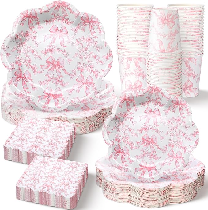 250 Pcs Pink Bow Disposable Paper Plate Napkins | Disposable Tableware Set