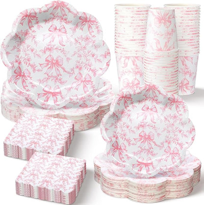 250 Pcs Pink Bow Disposable Paper Plate Napkins | Disposable Tableware Set