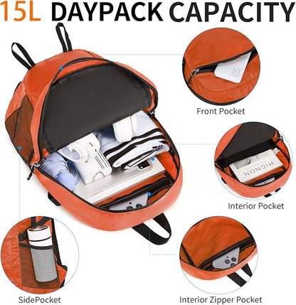 Small Hiking Daypack,15L Water-Resistant Hiking Backpack Packable Lightweight Travel Day Pack for Women Men (Orange, Small)