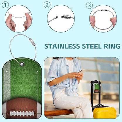 American Football Luggage Tag for Suitcase Set of 2 PU Leather Cute Luggage Tags with Stainless Metal Loop ID Label Privacy Flap Suitcase Tags for Women and Men Travel