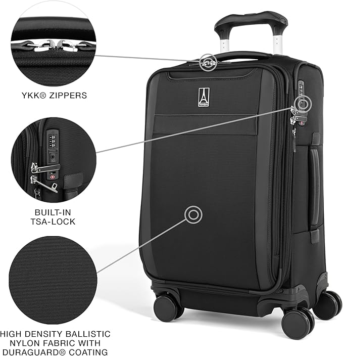 Travelpro VersaPack+ Lightweight Softside Expandable Carry on Luggage, 8 Spinner Suitcase, TSA Lock, Men and Women, Carry On 21-Inch, Black