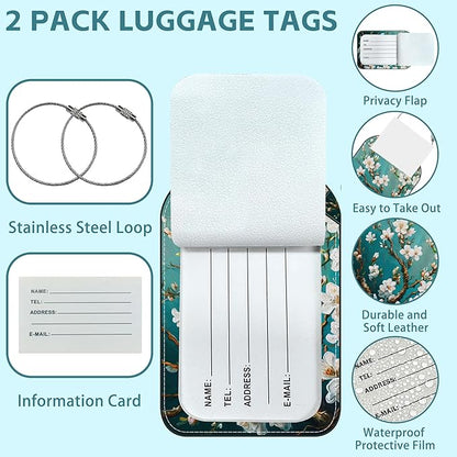 Blossoming Almond Tree Luggage Tag for Suitcase Set of 2 PU Leather Cute Luggage Tags with Stainless Metal Loop ID Label Privacy Flap Suitcase Tags for Women and Men Travel