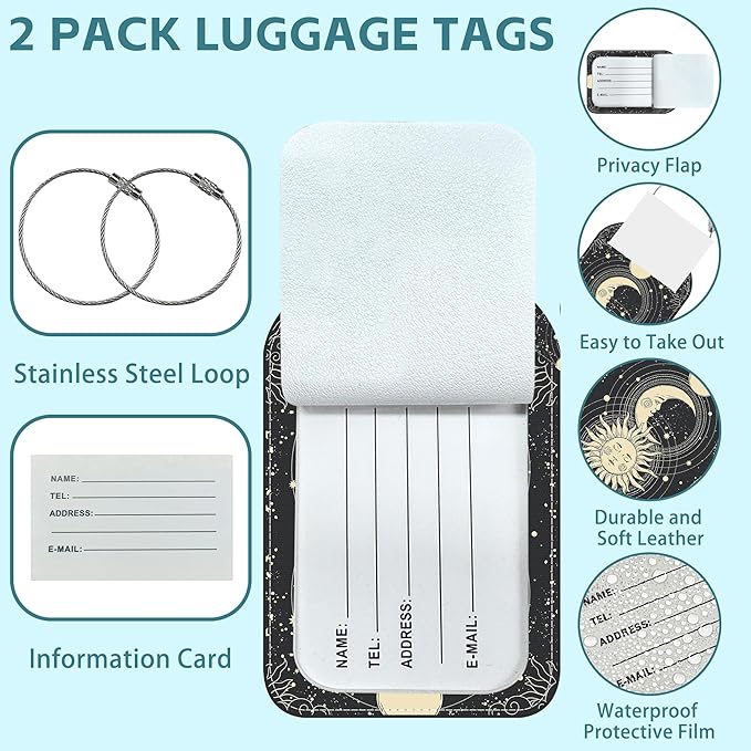 Sun Moon Luggage Tag for Suitcase Set of 2 PU Leather Cute Luggage Tags with Stainless Metal Loop ID Label Privacy Flap Suitcase Tags for Women and Men Travel