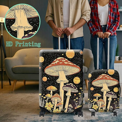 Luggage Cover + Tag, Mushrooms Travel Suitcase Protector for 18-20 inch Luggage (S) with Concealed Zipper, Washable Elastic Cloth, Dustproof, Anti-Scratch