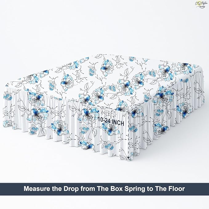 Cottington Lane Ruffled Bed Skirt Queen Size with Split Corner, Brushed Microfiber Hotel Quality Dust Ruffle, 21 Inch Drop Gathered Bedskirt, Soft, Stylish, Shrink & Fade Resistant, Blue Blossom
