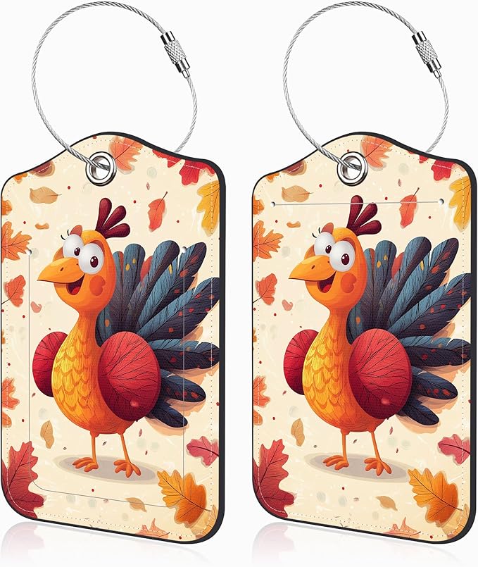 2 Pcs Thanksgiving Turkey Luggage Tags for Suitcases Autumn Fallen Leaves PU Leather Baggage Tags Name ID Label with Privacy Cover and Stainless Steel Loop for Men Women Travel Bag Suitcase
