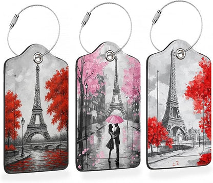 Eiffel Tower Paris 3 PCS PU Leather Luggage Tags for Suitcase, Luggage Tag with Privacy Flap, Name ID Label and Metal Loop for Women Men Baggage Handbag School Bag Backpack