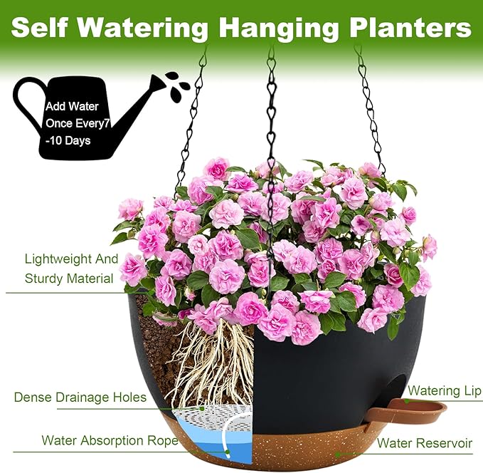 10 inch Hanging Planters for Indoor Plants, 3 Pack Self-Watering Hanging
